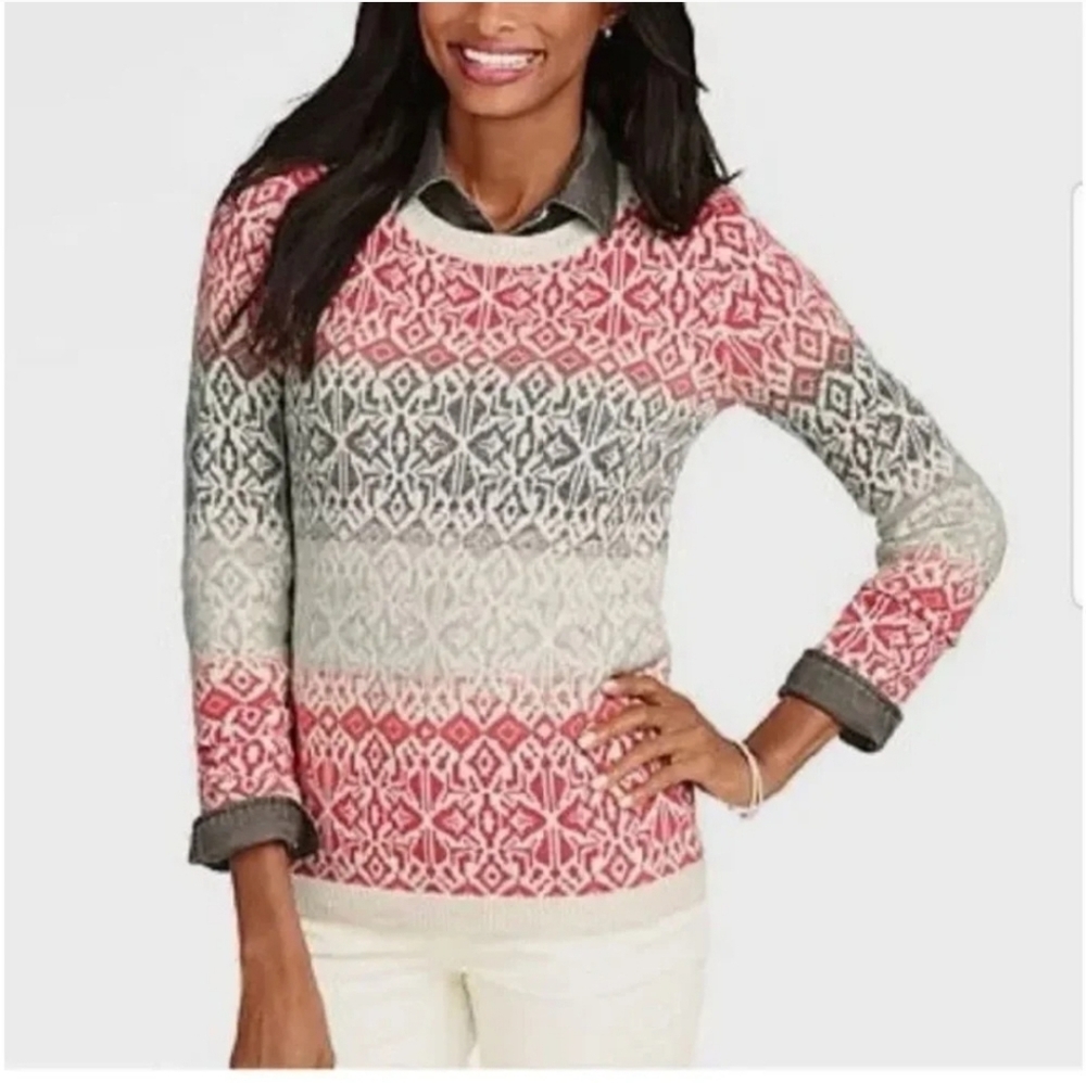 Talbots Pastel Fair Isle Sweater Pink Grey Lambswool Lg